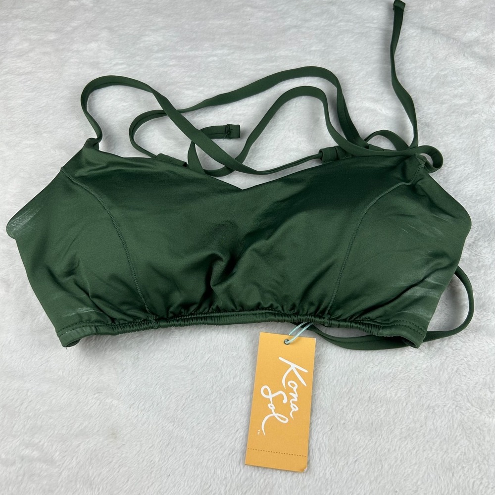Kona Sol Bikini Top Womens D/DD Dark Green Stretch Crisscross Straps Swimwear